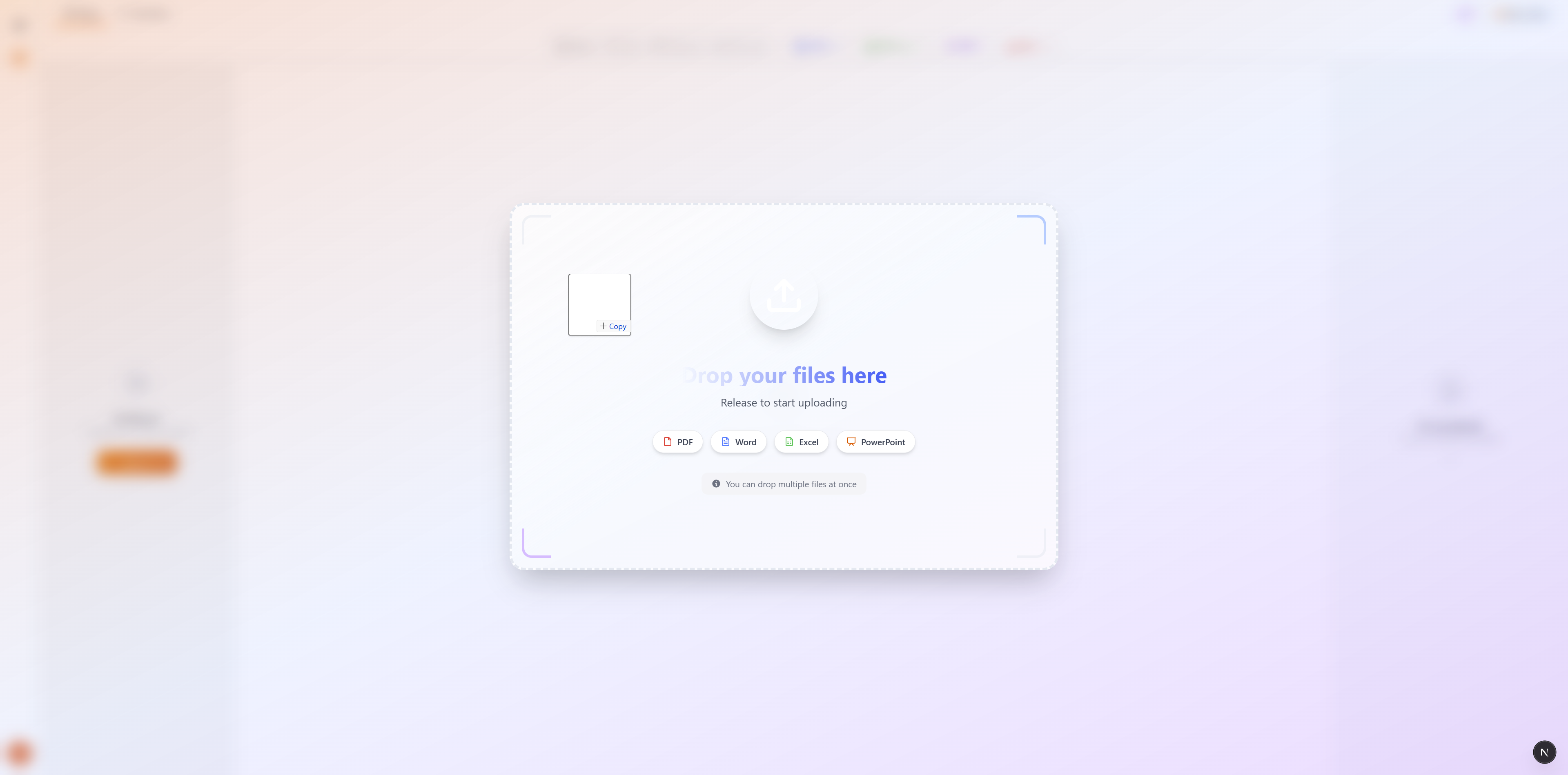 Drag and drop upload interface with visual overlay
