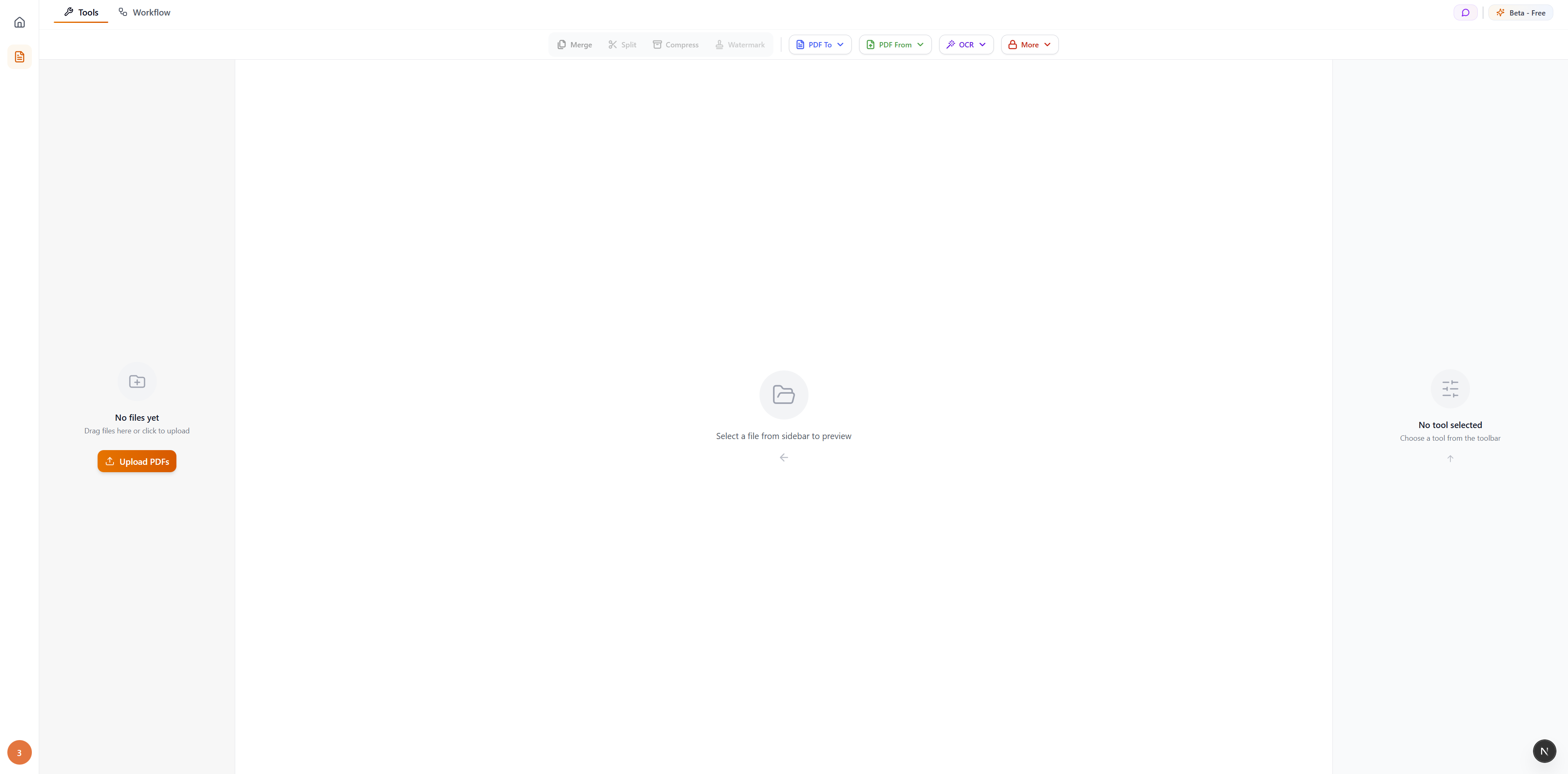 Sidebar empty state with Upload PDFs button